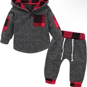 Gray and Red Plaid Hoodie and Pants Set